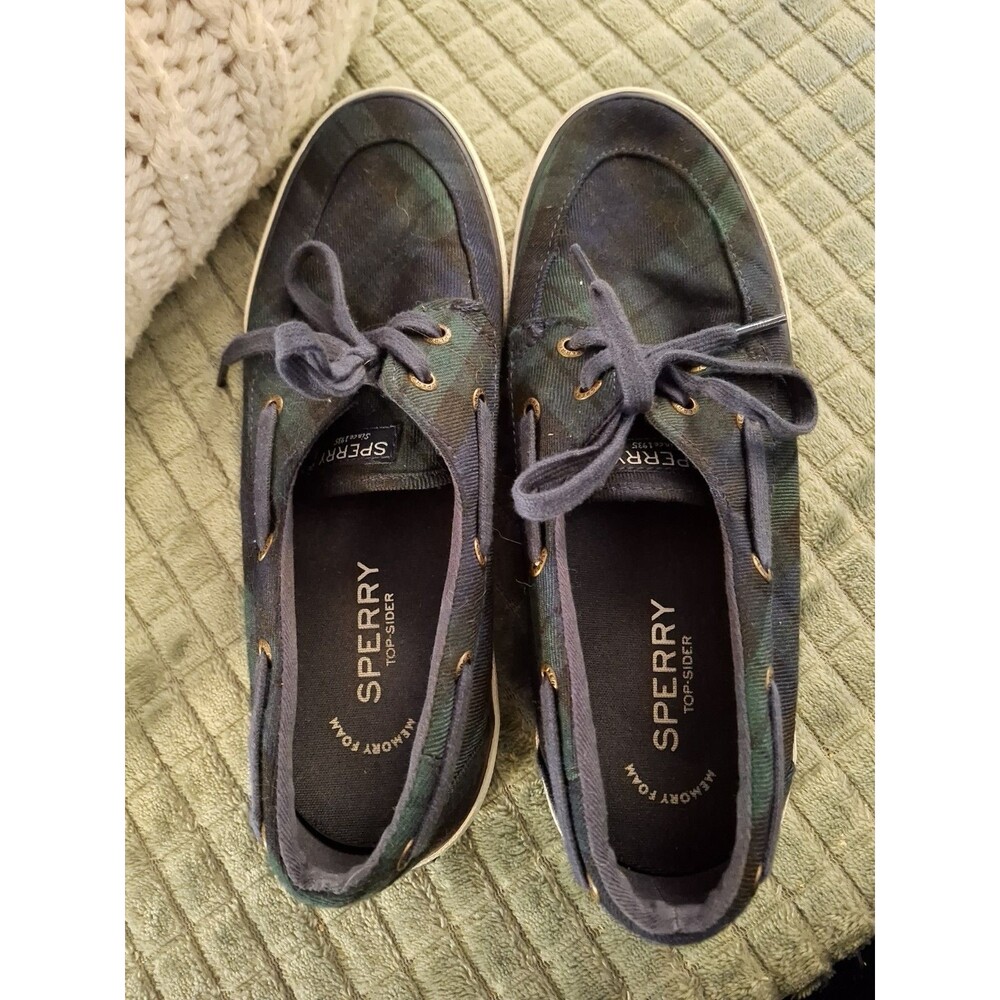 Women’s Green and Blue Plaid Sperry Topsiders, Size 8.5